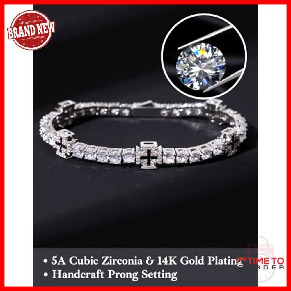 Unisex White Gold Plated Tennis Bracelet with Cross Design 7 Inch - Picture 2 of 7